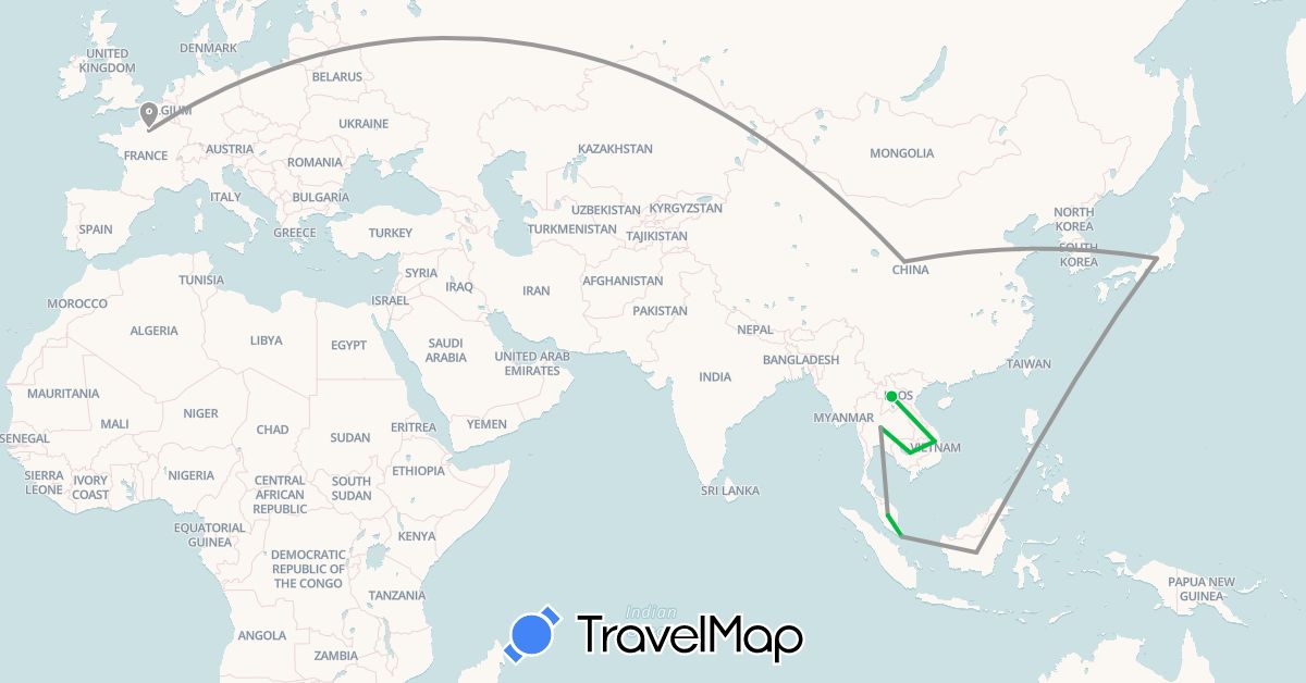 TravelMap itinerary: bus, plane, train in China, France, Indonesia, Japan, Cambodia, Laos, Malaysia, Singapore, Thailand, Vietnam (Asia, Europe)