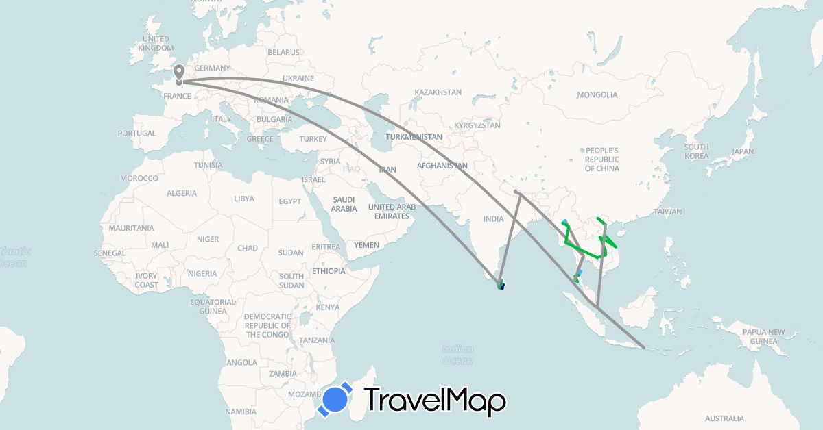 TravelMap itinerary: driving, bus, plane, cycling, boat in France, Indonesia, Cambodia, Laos, Sri Lanka, Myanmar (Burma), Malaysia, Nepal, Singapore, Thailand, Vietnam (Asia, Europe)